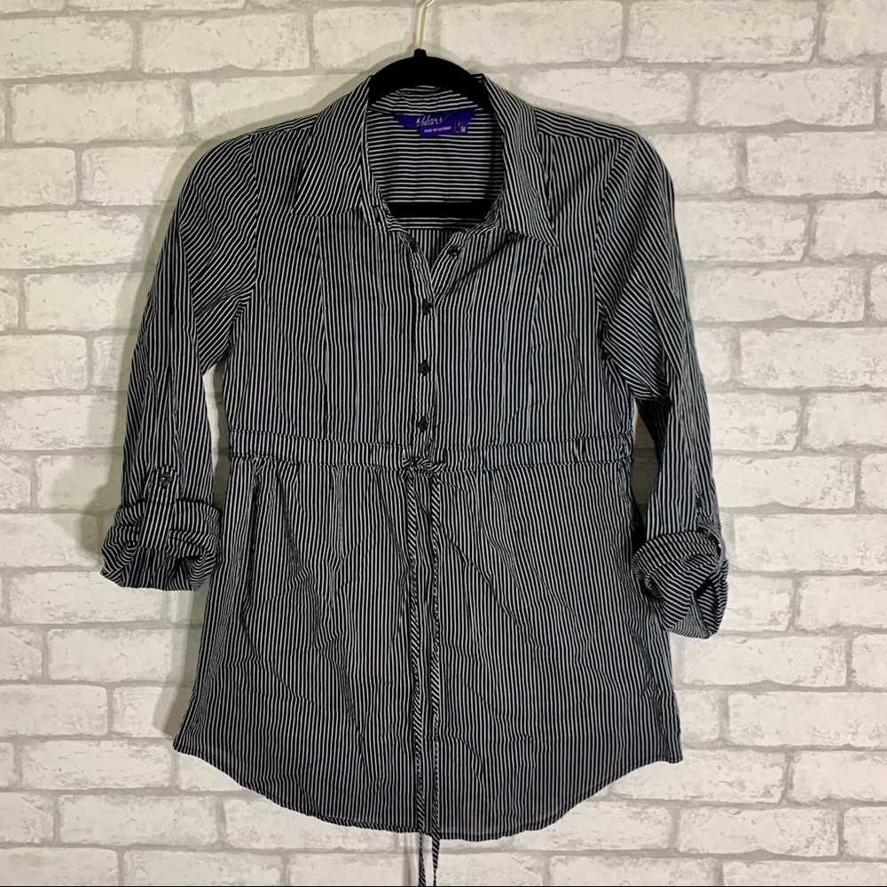 Black and White Striped Blouse with Buttons